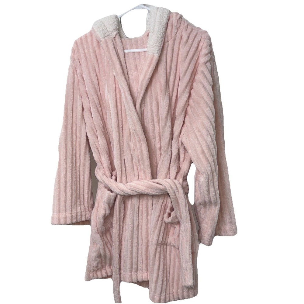Lauren Conrad hooded Pink Faux Fur Ribbed fleece robe with belt L